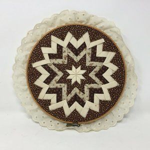 Vtg Hand Pieced Quilted Folded Star Fabric Hoop